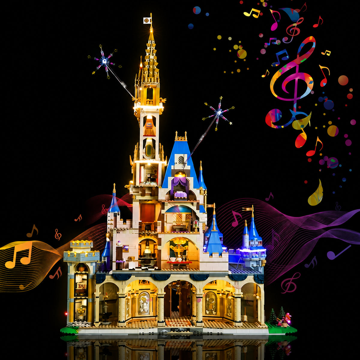 Bright My Bricks USB-powered LED light kit for LEGO® Disney Castle #43222 — illuminated at night