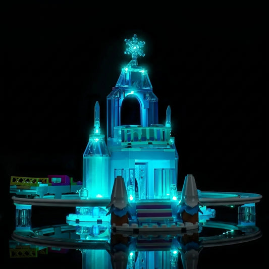 LEGO® Disney Elsa's Ice Castle & Snow Ride Adventure #43281 lighting effect on the build, with the LED lights