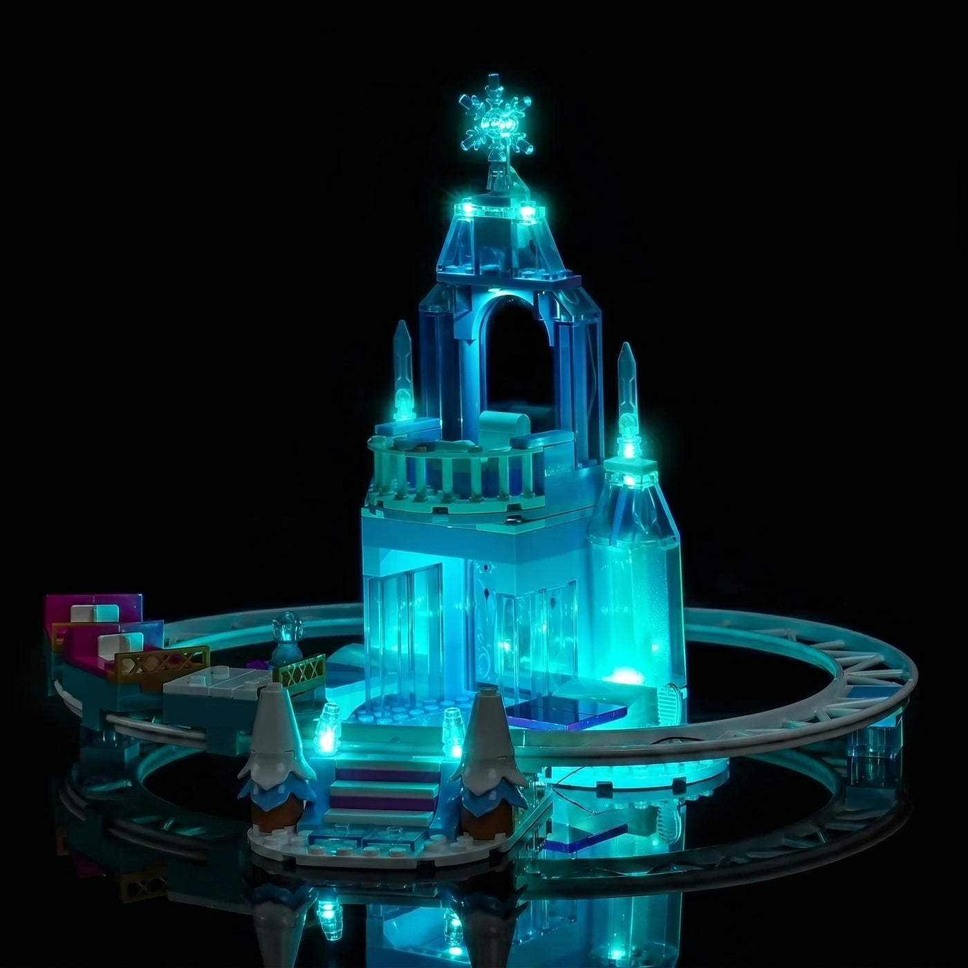 fully illuminated on display: Bright My Bricks LED lights for LEGO® Disney Elsa's Ice Castle & Snow Ride Adventure #43281