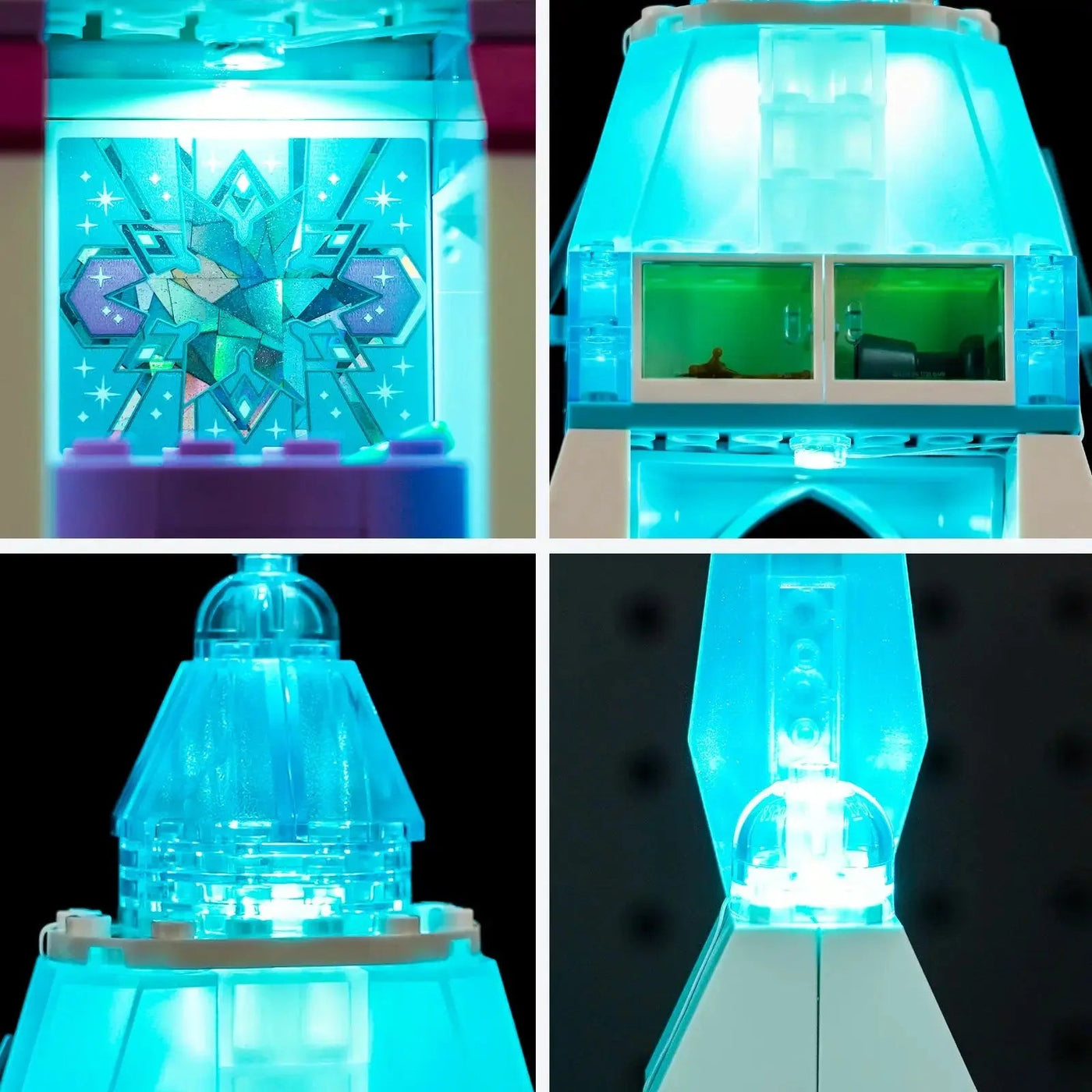 custom LED lighting for LEGO® Disney Elsa's Ice Palace #43244, before-and-after lighting
