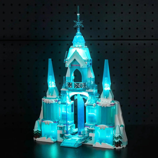 LEGO® Disney Elsa's Ice Palace #43244 before-and-after lighting, with the premium LED light kit
