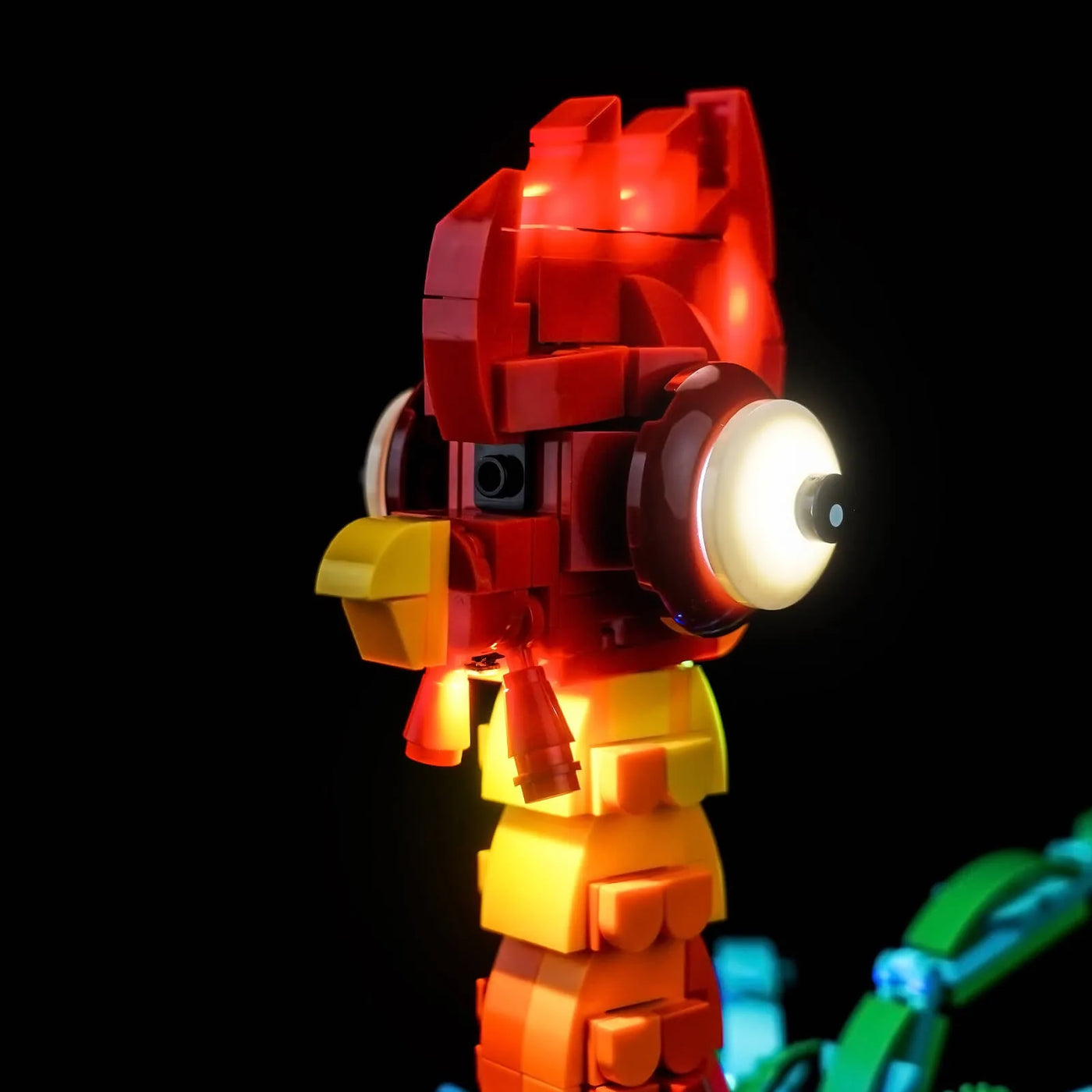 LEGO® Disney Heihei #43272 front view fully lit, with the LED light kit