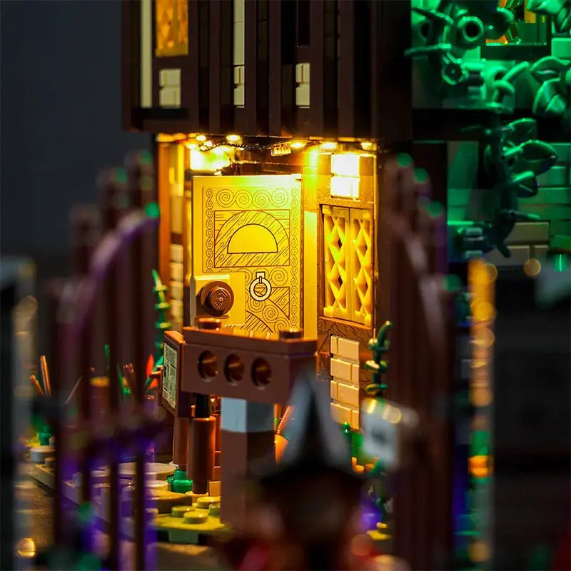 Bright My Bricks RGB LED light kit for LEGO® Disney Hocus Pocus: The Sanderson Sisters' Cottage #21341 — front view fully lit