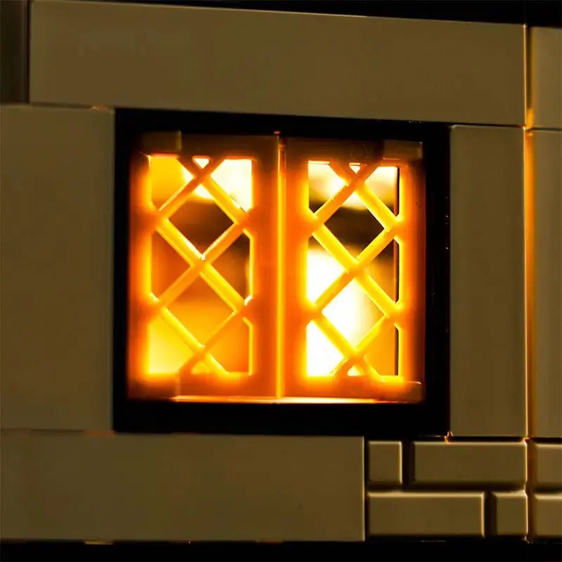 LEGO® Disney Hocus Pocus: The Sanderson Sisters' Cottage #21341 lighting effect on the build, with the DIY LED light kit