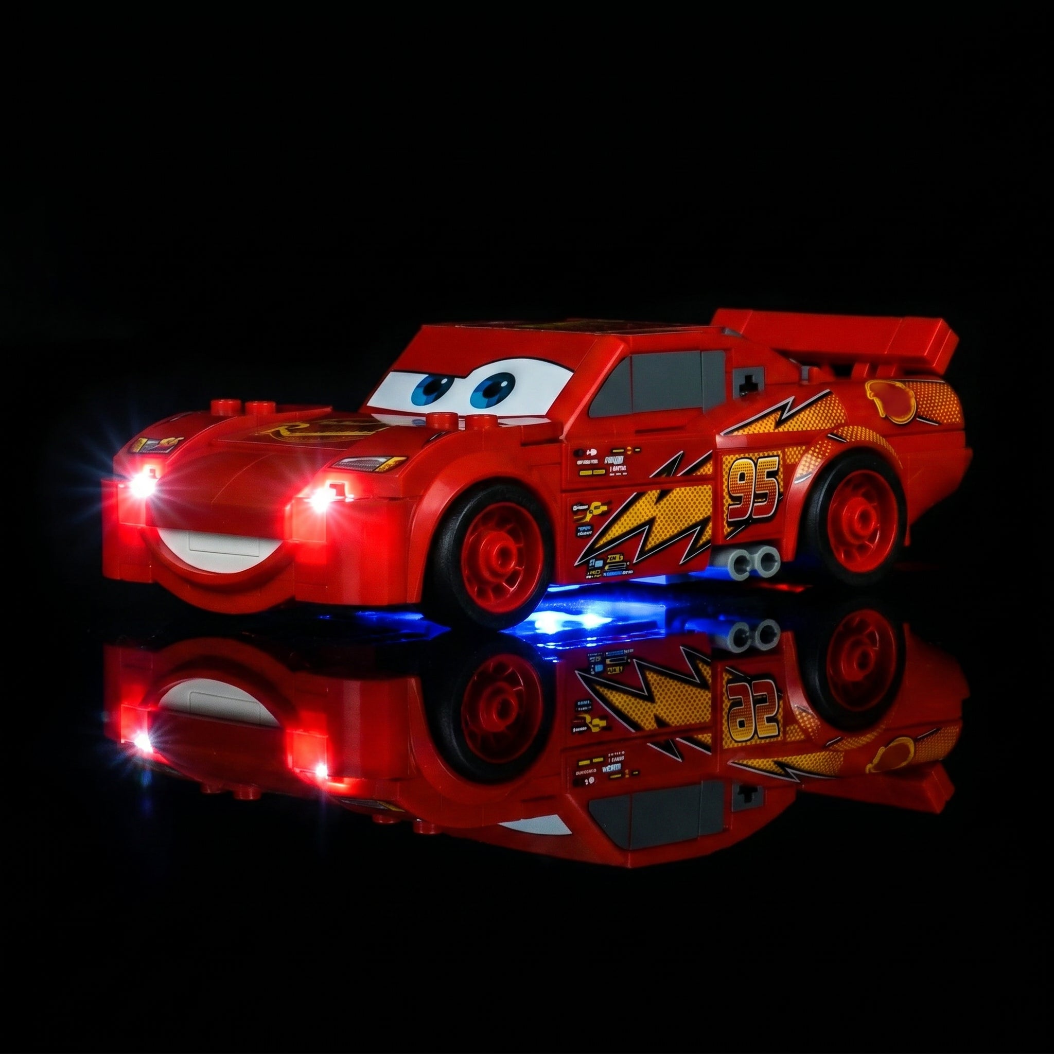 illuminated at night: Bright My Bricks custom LED lighting for LEGO® Disney Lightning McQueen #77255