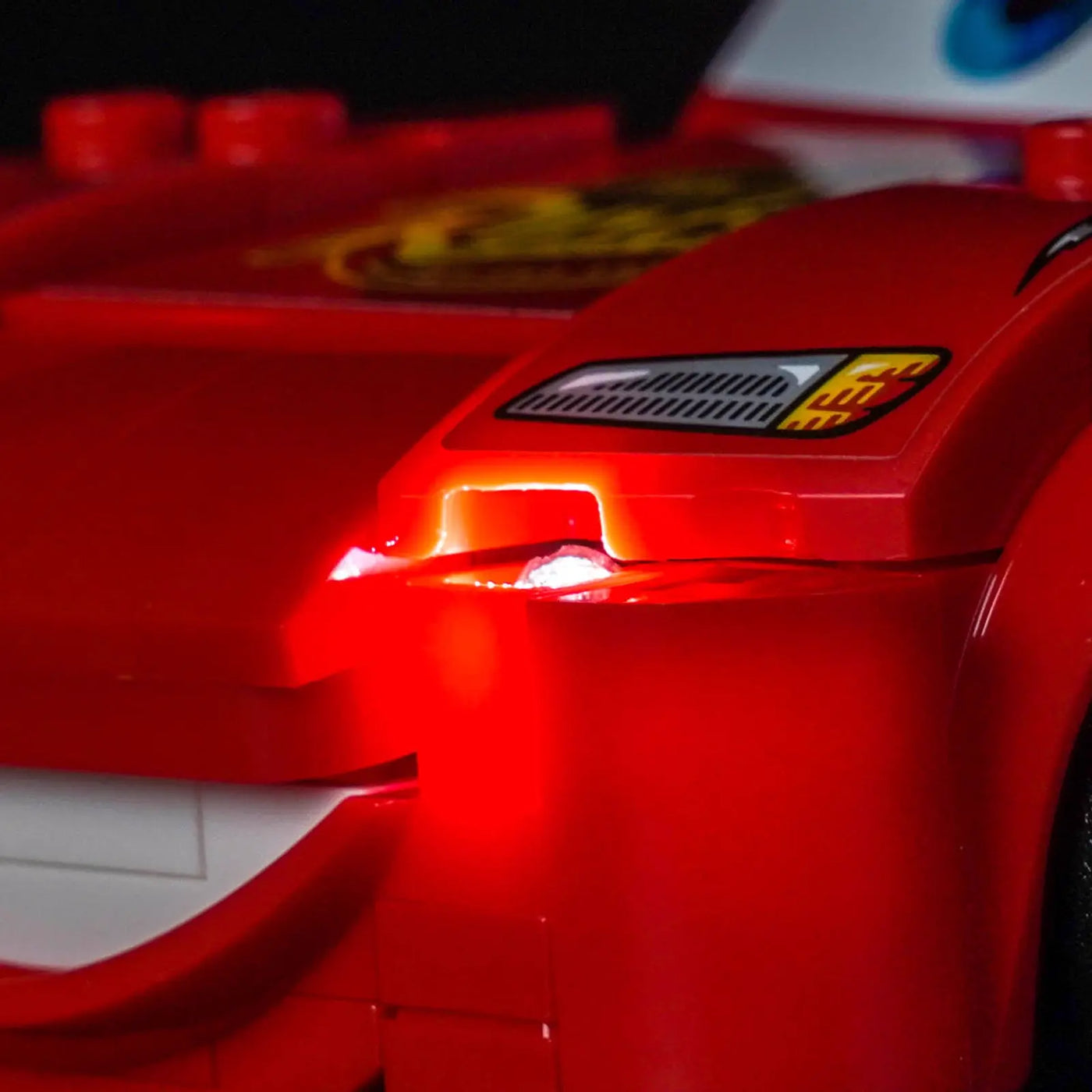 fully illuminated on display: Bright My Bricks DIY LED light kit for LEGO® Disney Lightning McQueen #77255