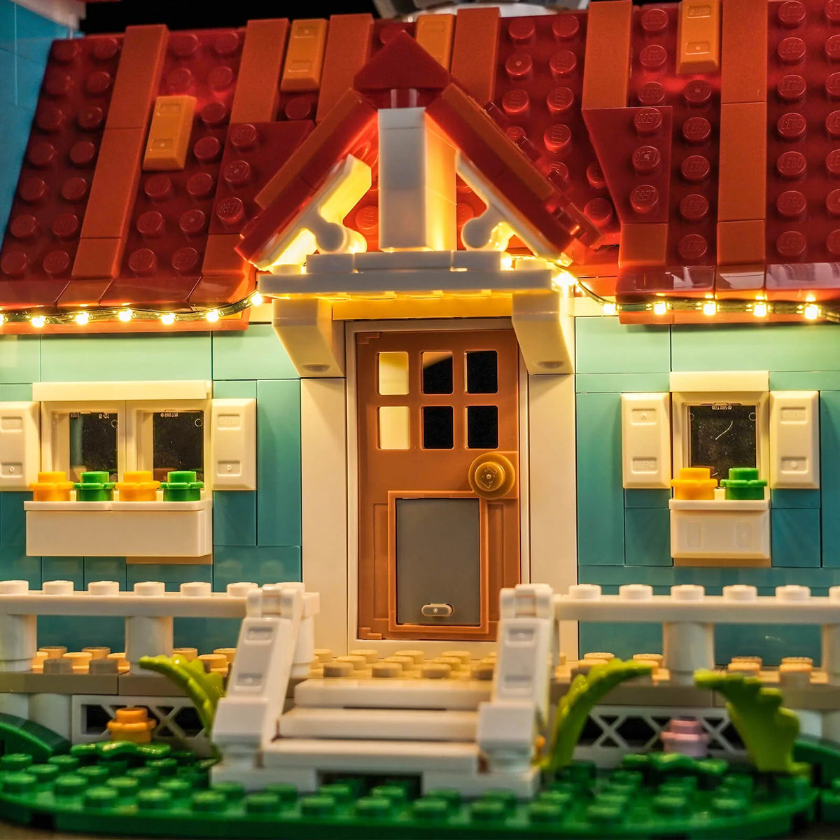 LEGO® Disney Lilo and Stitch Beach House #43268 — installed and glowing (USB-powered LED light kit)