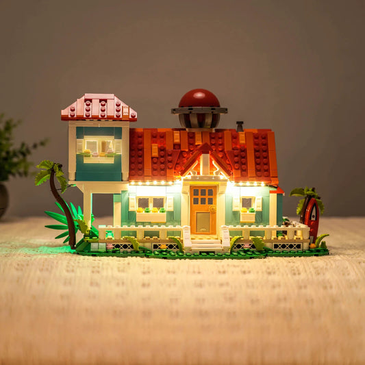 LEGO® Disney Lilo and Stitch Beach House #43268 lighting effect on the build, with the LED lighting kit