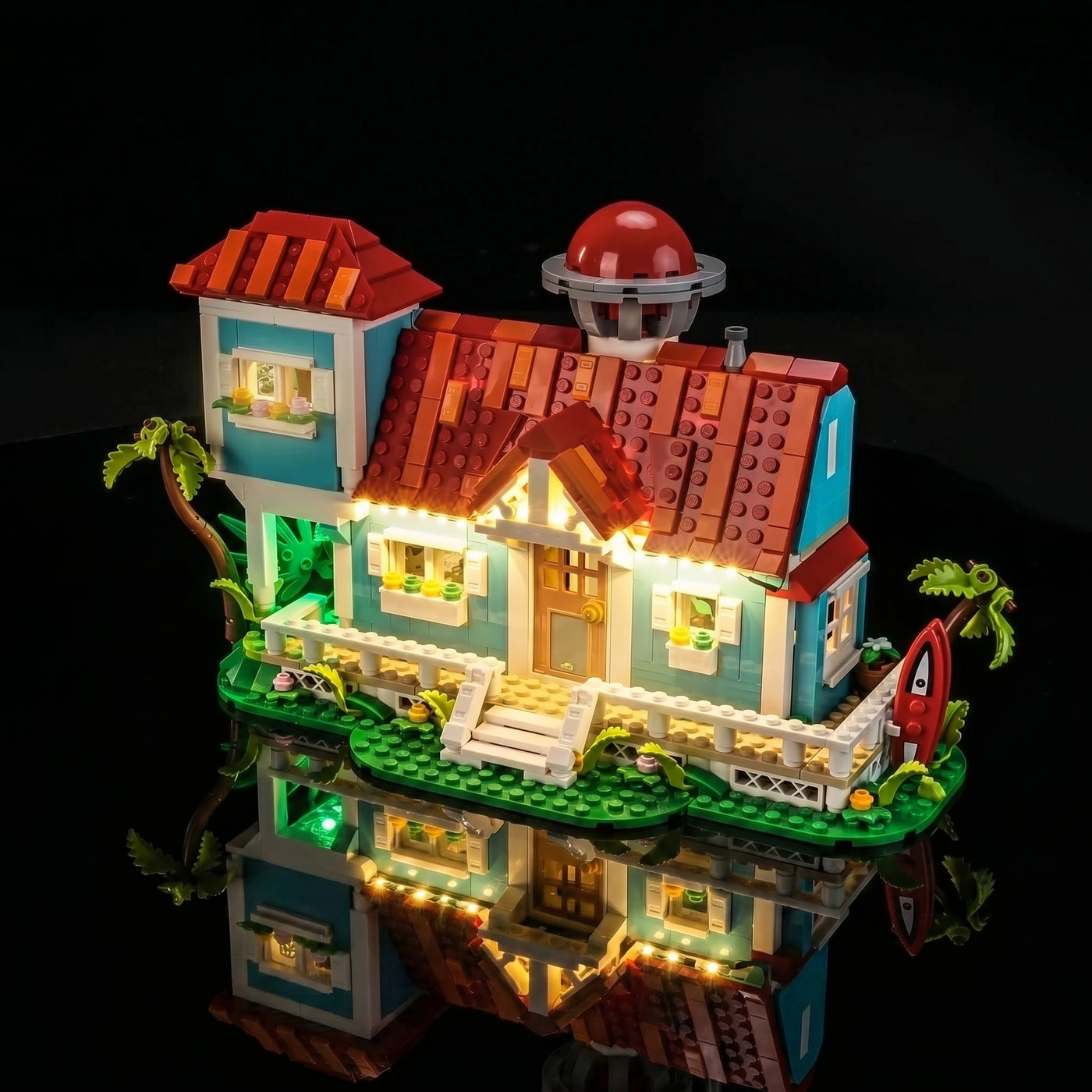 side angle with lights on: Bright My Bricks RGB LED light kit for LEGO® Disney Lilo and Stitch Beach House #43268