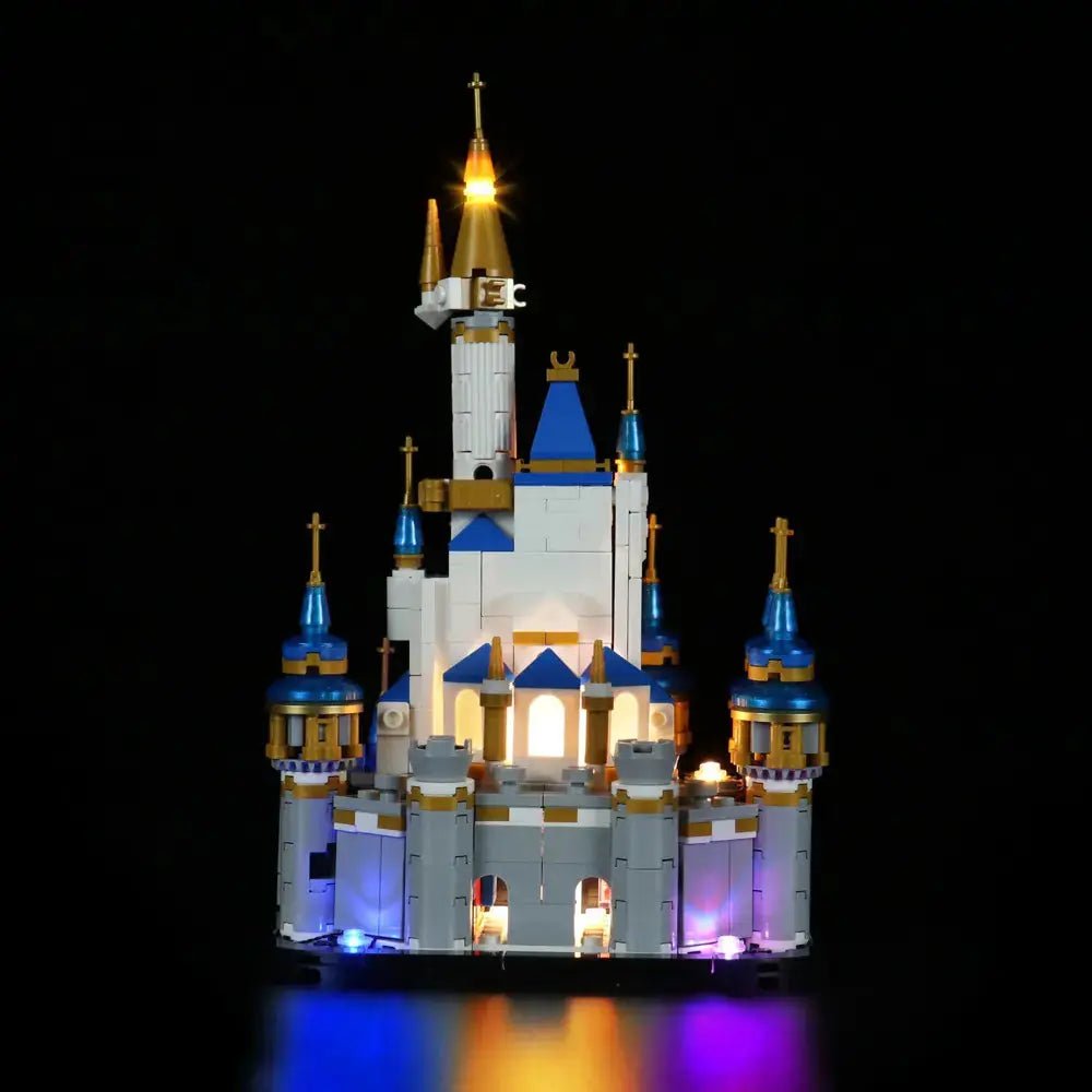 LEGO® Disney Mini Disney Castle #40478 showcase lighting view, with the LED light kit