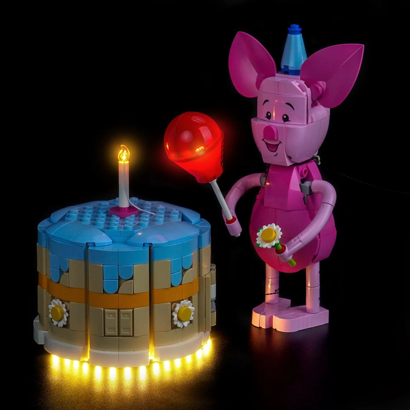DIY LED light kit for LEGO® Disney Piglet's Birthday Fun #43305, side angle with lights on