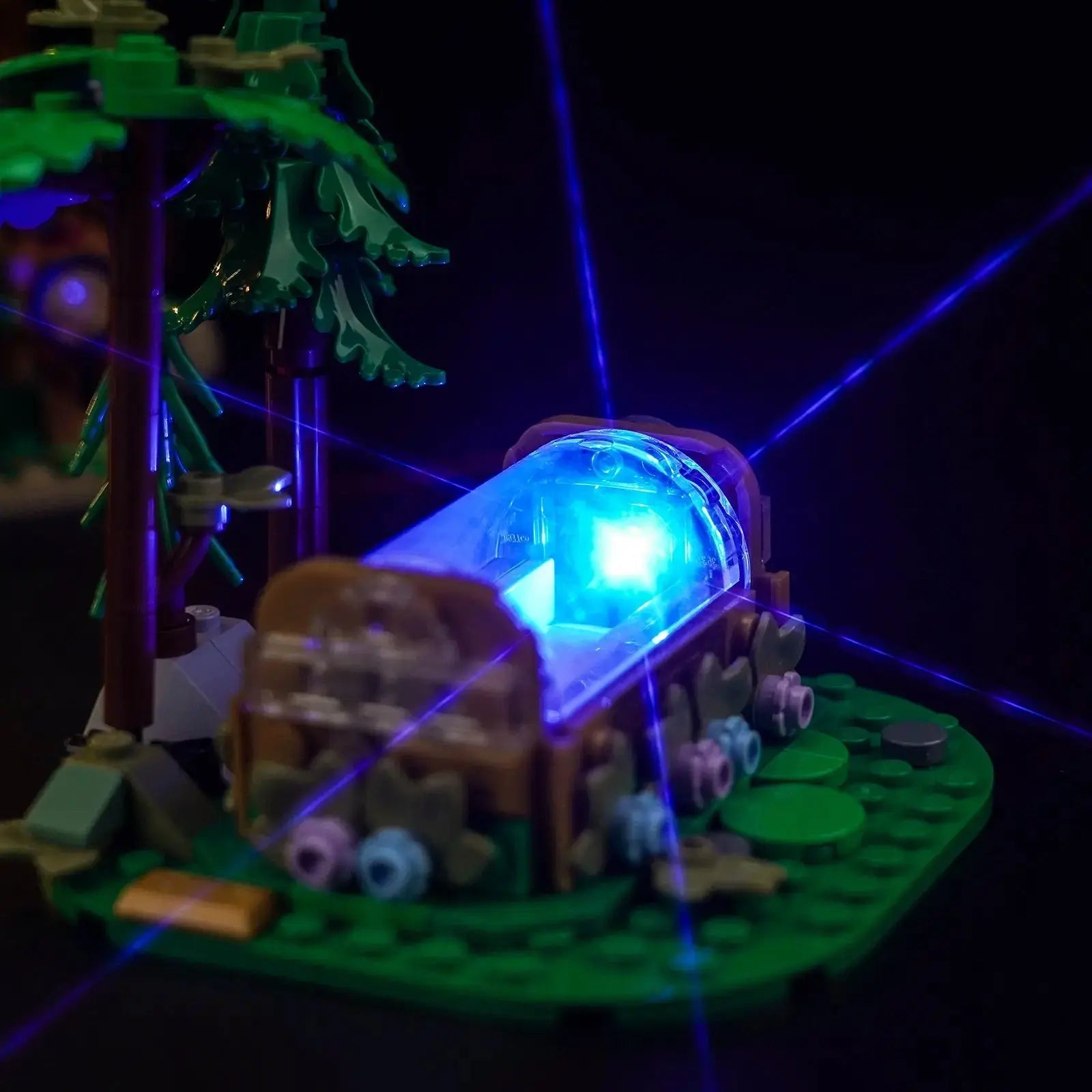 fully illuminated on display: Bright My Bricks DIY LED light kit for LEGO® Disney Snow White Cottage #43242