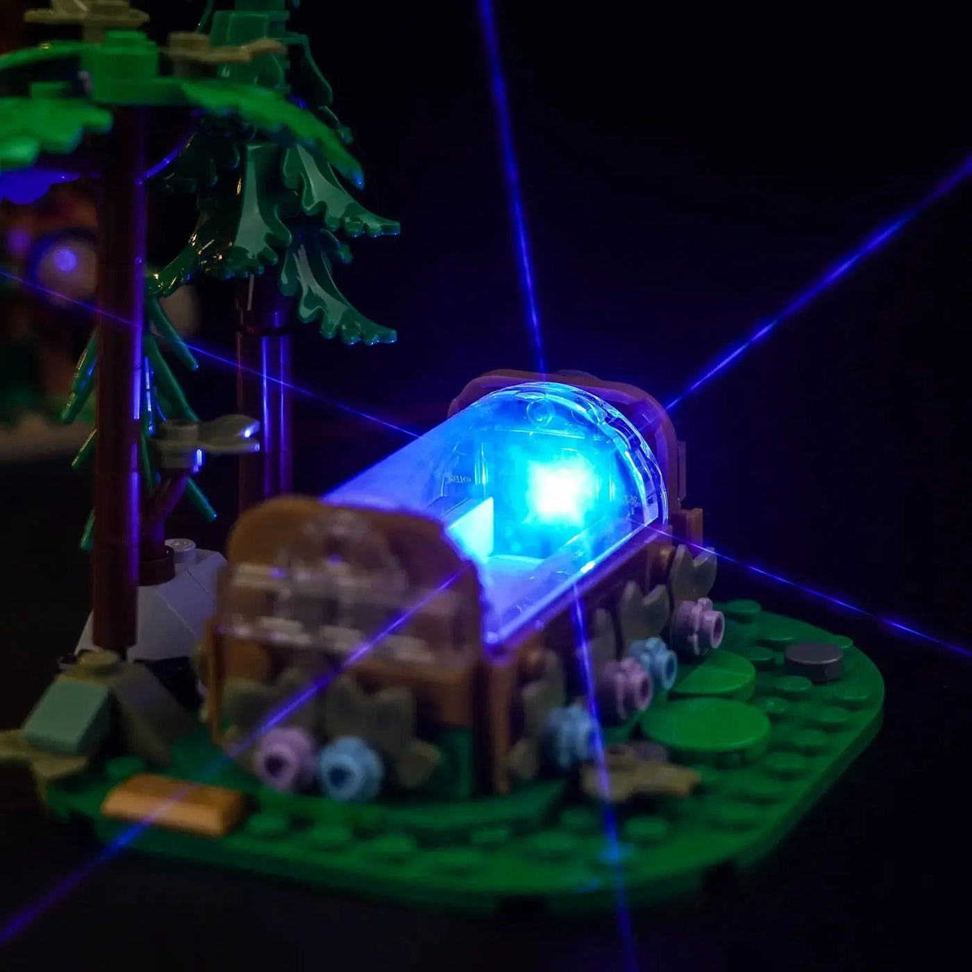fully illuminated on display: Bright My Bricks DIY LED light kit for LEGO® Disney Snow White Cottage #43242