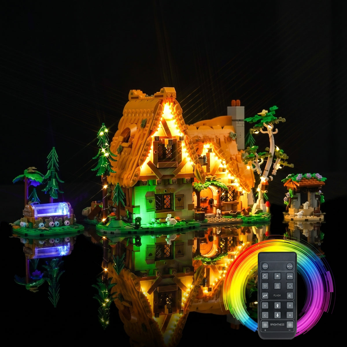 installed and glowing: Bright My Bricks premium LED light kit for LEGO® Disney Snow White Cottage #43242