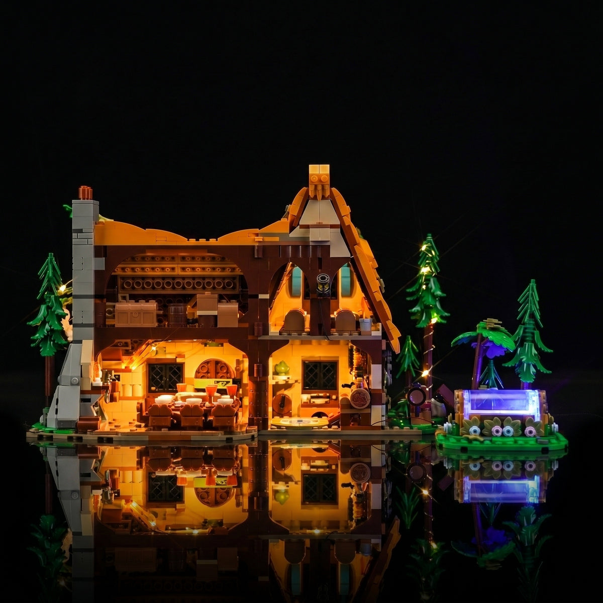 LEGO® Disney Snow White Cottage #43242 — installed and glowing (LED lights)