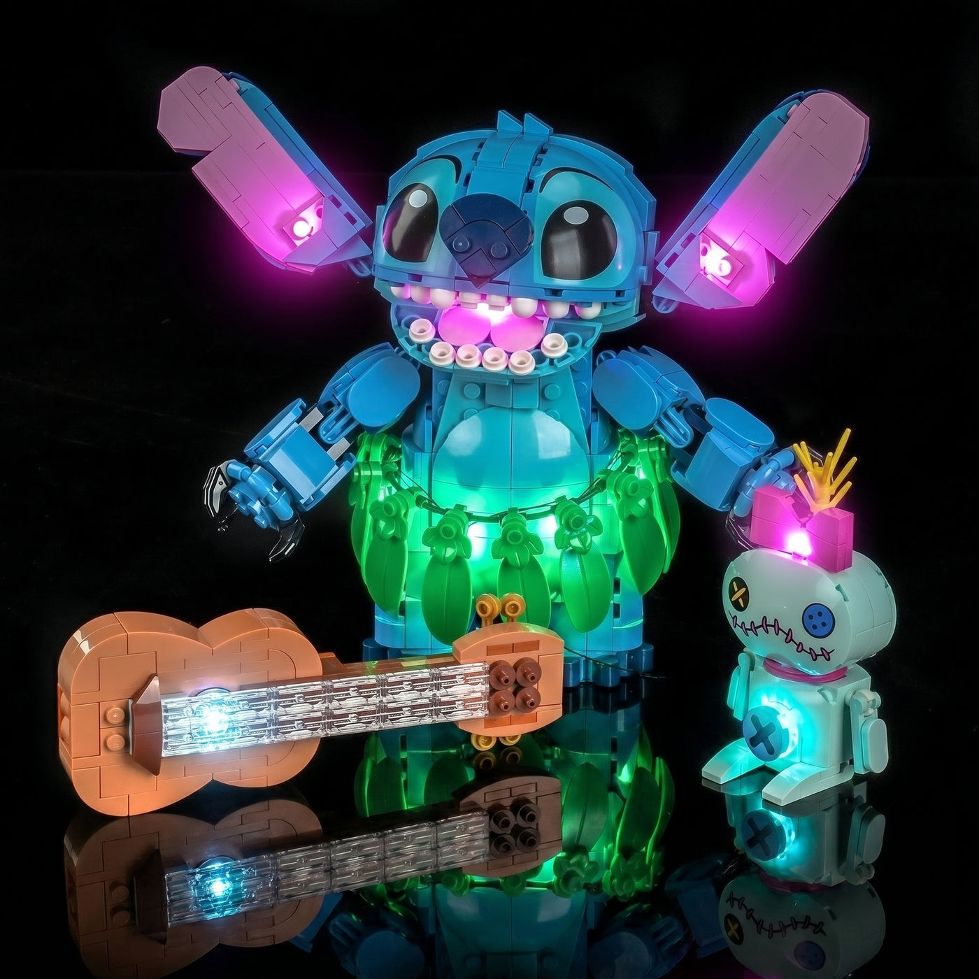 Bright My Bricks premium LED light kit for LEGO® Disney Stitch and Scrump #43296 — fully illuminated on display