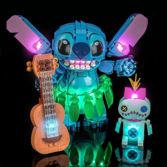 Bright My Bricks DIY LED light kit for LEGO® Disney Stitch and Scrump #43296 — display lighting in a dark room