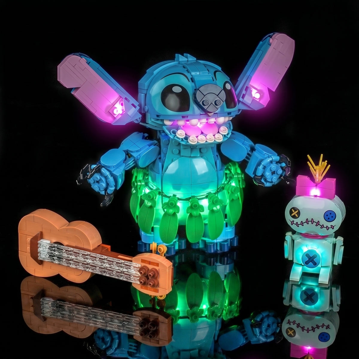 LEGO® Disney Stitch and Scrump #43296 brightened interior detail, with the premium LED light kit