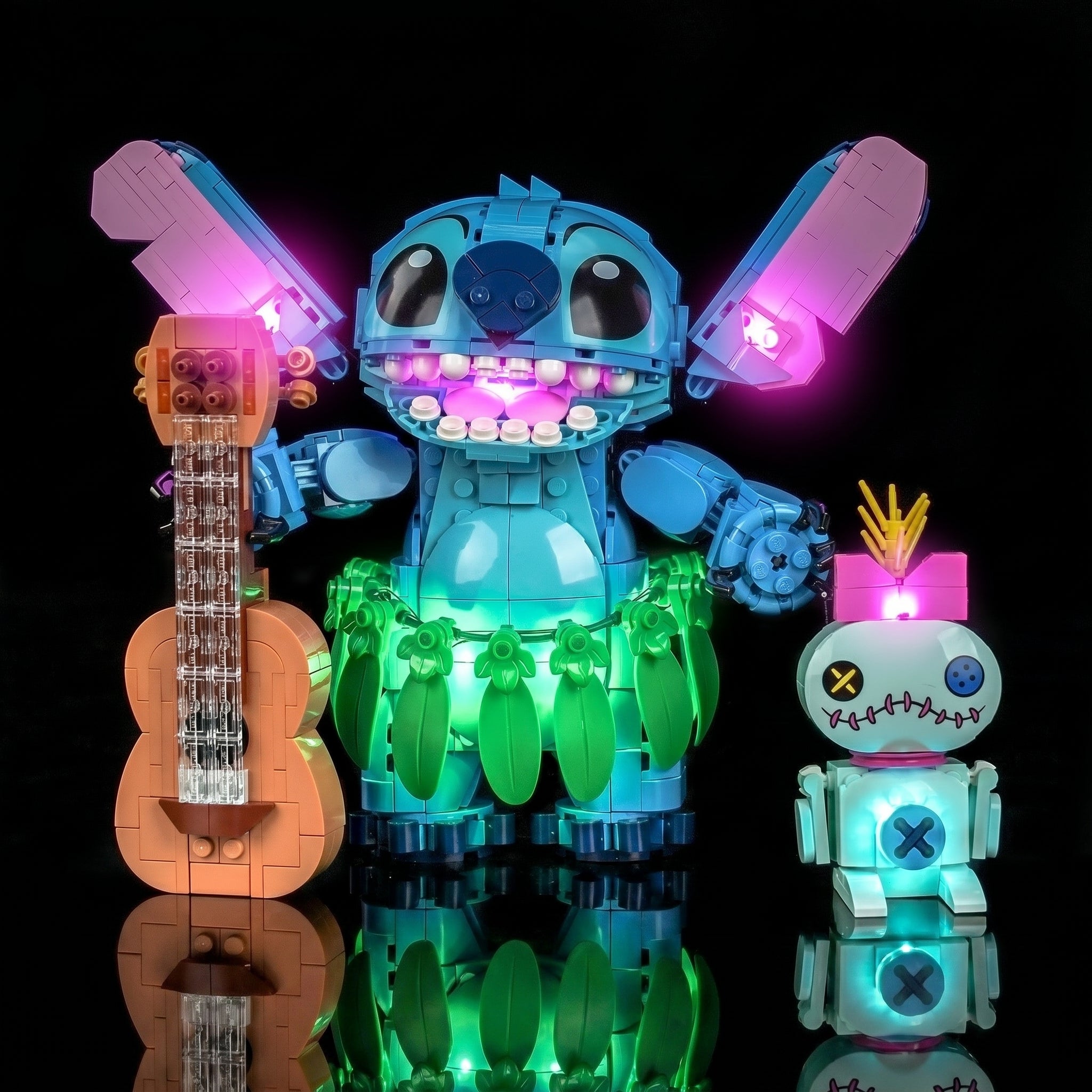 showcase lighting view: Bright My Bricks USB-powered LED light kit for LEGO® Disney Stitch and Scrump #43296