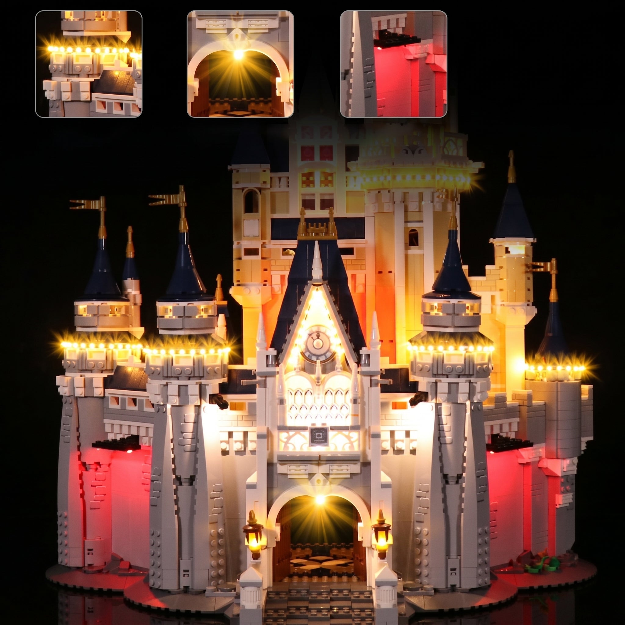 LEGO® Disney The Disney Castle #71040 warm LED glow detail, with the LED lights