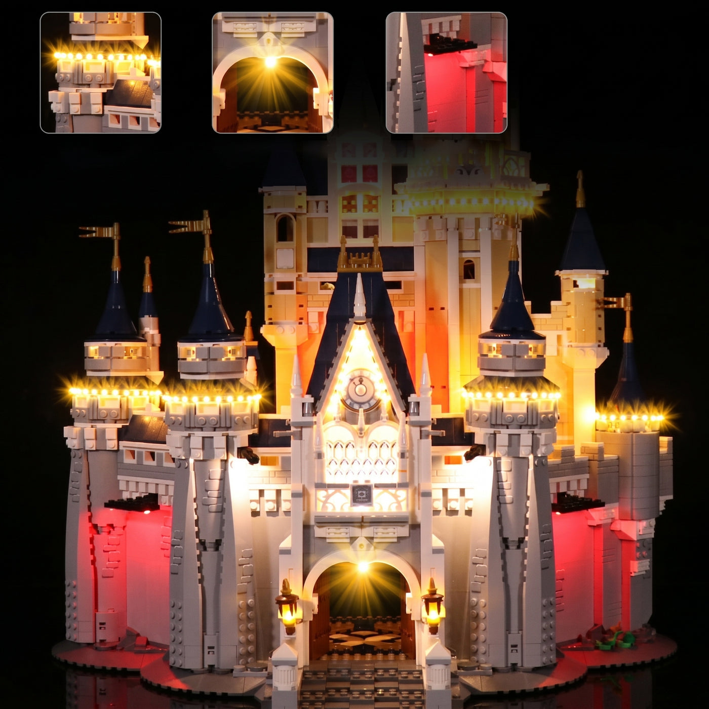 LEGO® Disney The Disney Castle #71040 warm LED glow detail, with the LED lights