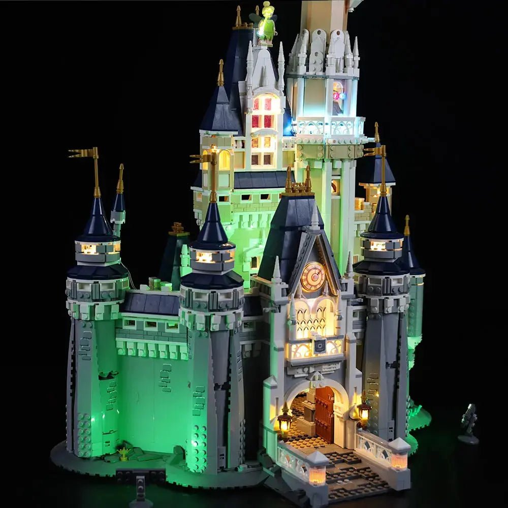 LEGO® Disney The Disney Castle #71040 display lighting in a dark room, with the display light kit