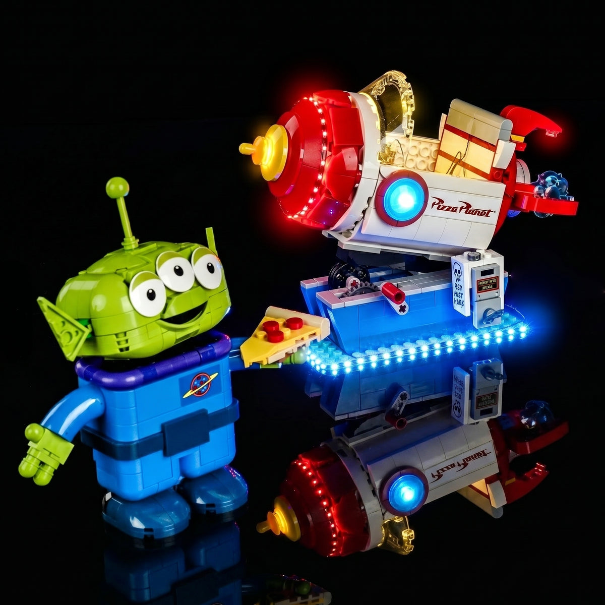 Bright My Bricks LED lights for LEGO® Disney Toy Story Alien with Pizza Planet Rocket Ride #43307 — night-mode display glow