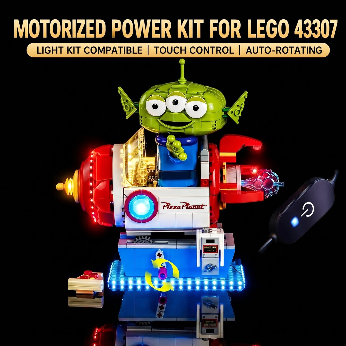 premium LED light kit for LEGO® Disney Toy Story Alien with Pizza Planet Rocket Ride #43307, lighting effect on the build