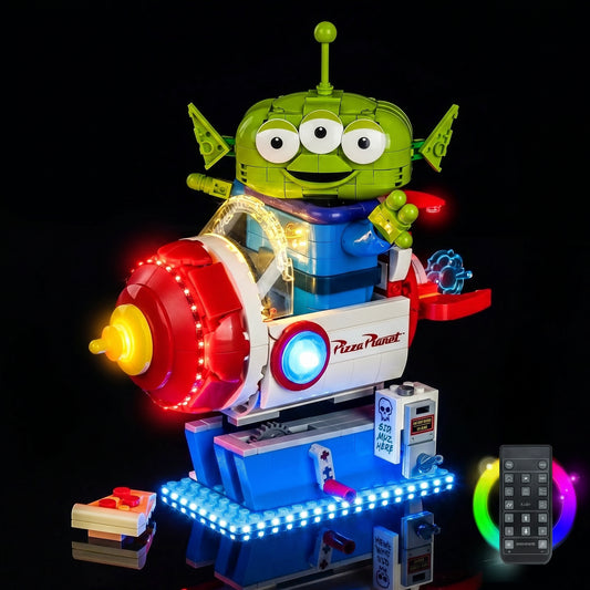 LEGO® Disney Toy Story Alien with Pizza Planet Rocket Ride #43307 — front view fully lit (RGB LED light kit)