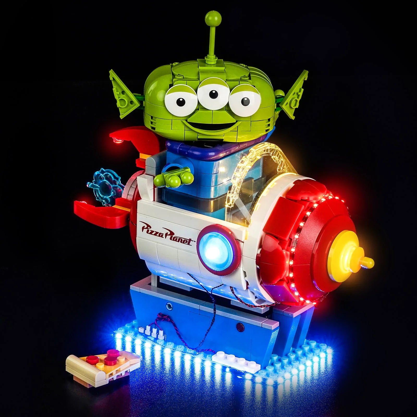 LED lights bring LEGO Disney Toy Story Alien with Pizza Planet Rocket Ride #43307 to life