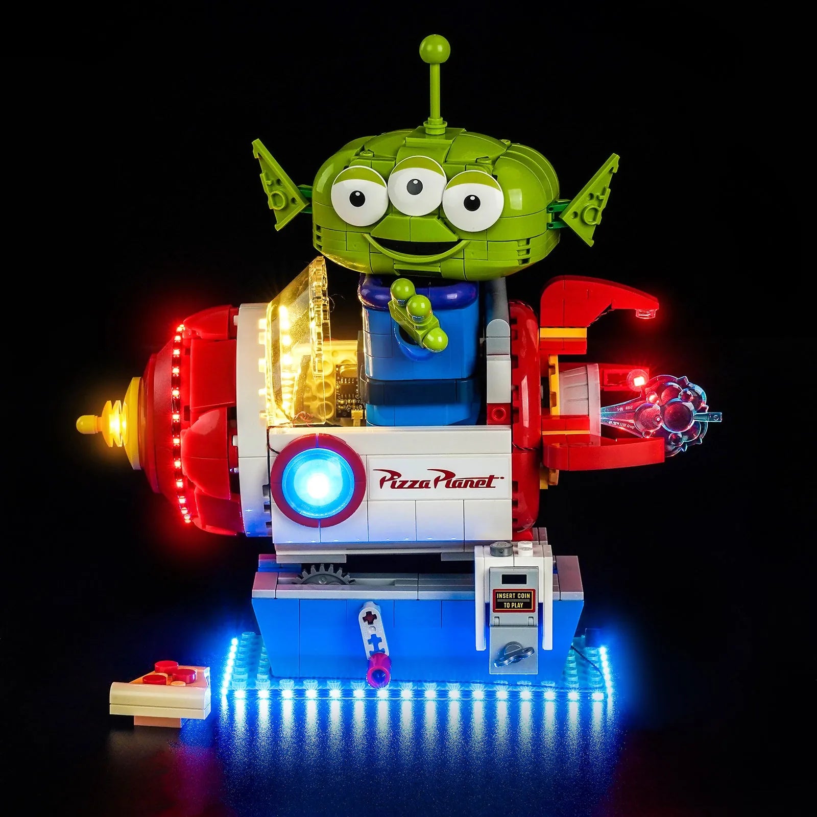 LEGO Disney Toy Story Alien with Pizza Planet Rocket Ride #43307 lit up - front angle