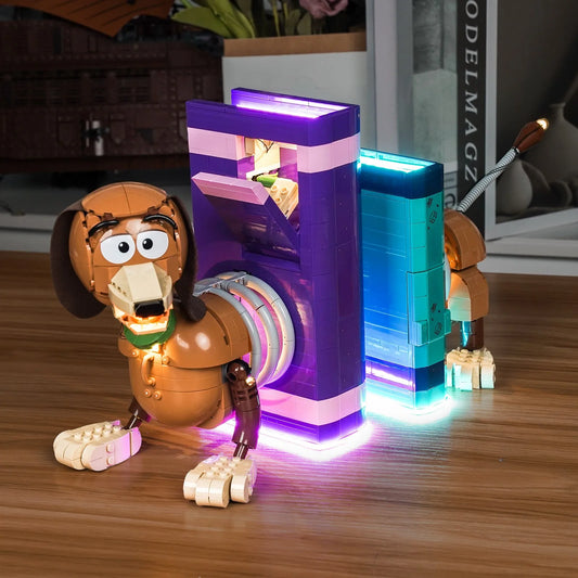 LEGO® Disney Toy Story Slinky Dog Bookends #43301 front view fully lit, with the LED light kit