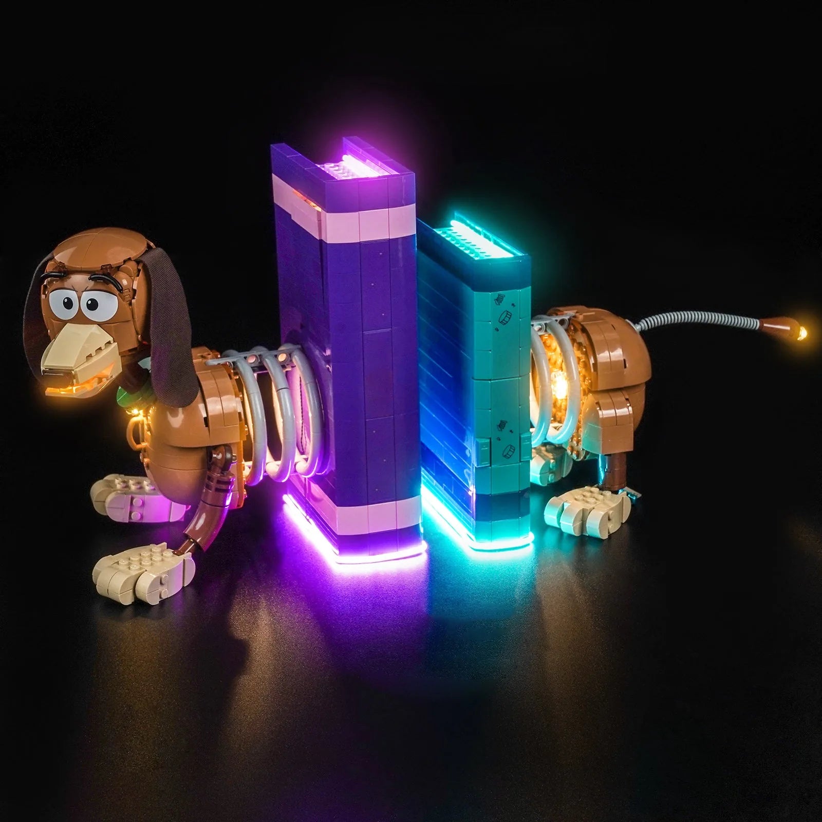 LEGO Disney Toy Story Slinky Dog Bookends #43301 illuminated at night
