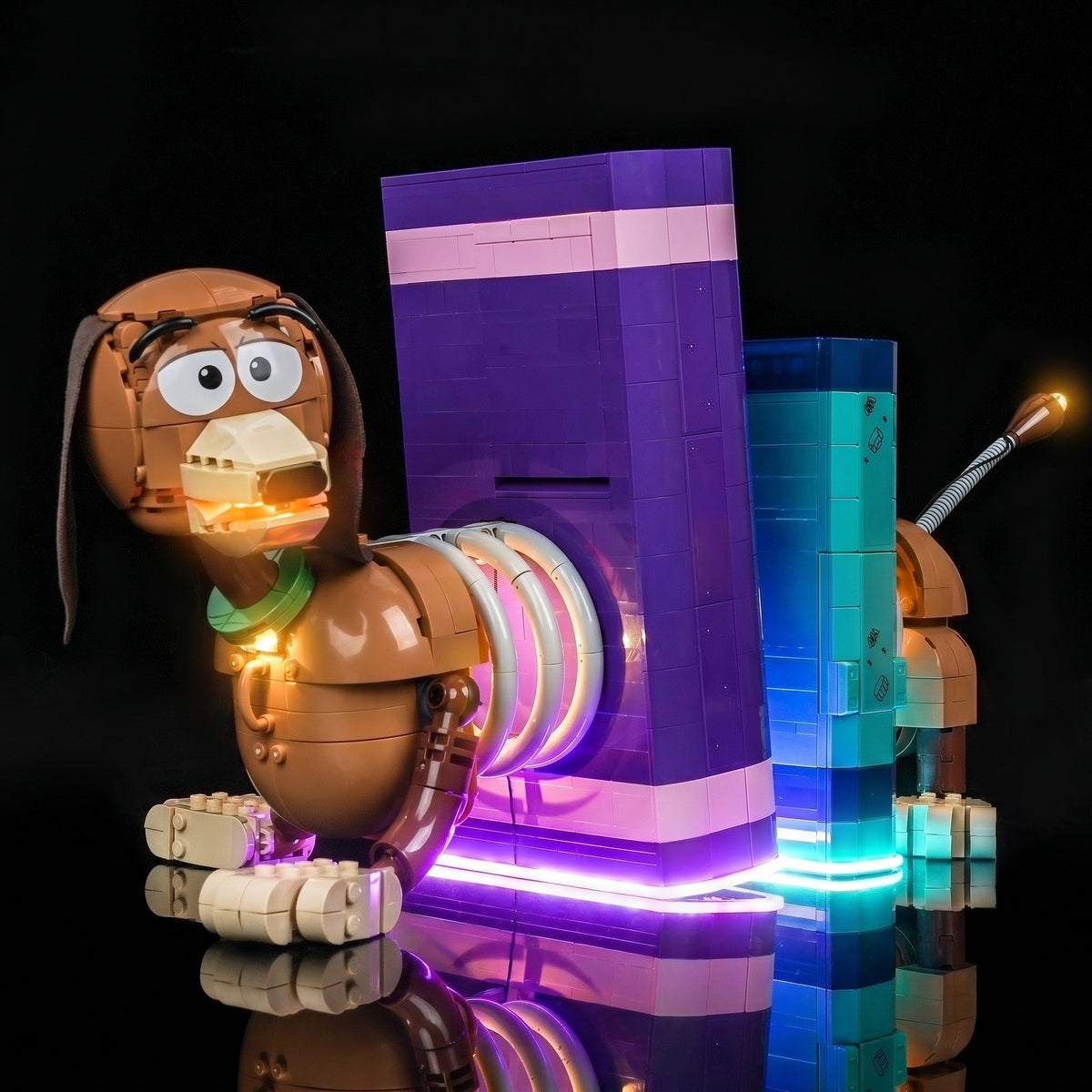 Bright My Bricks premium LED light kit for LEGO® Disney Toy Story Slinky Dog Bookends #43301 — illuminated at night