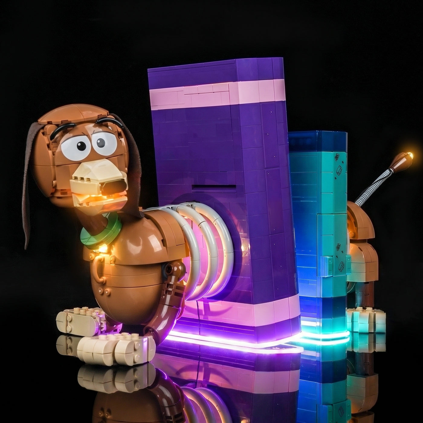 Bright My Bricks premium LED light kit for LEGO® Disney Toy Story Slinky Dog Bookends #43301 — illuminated at night