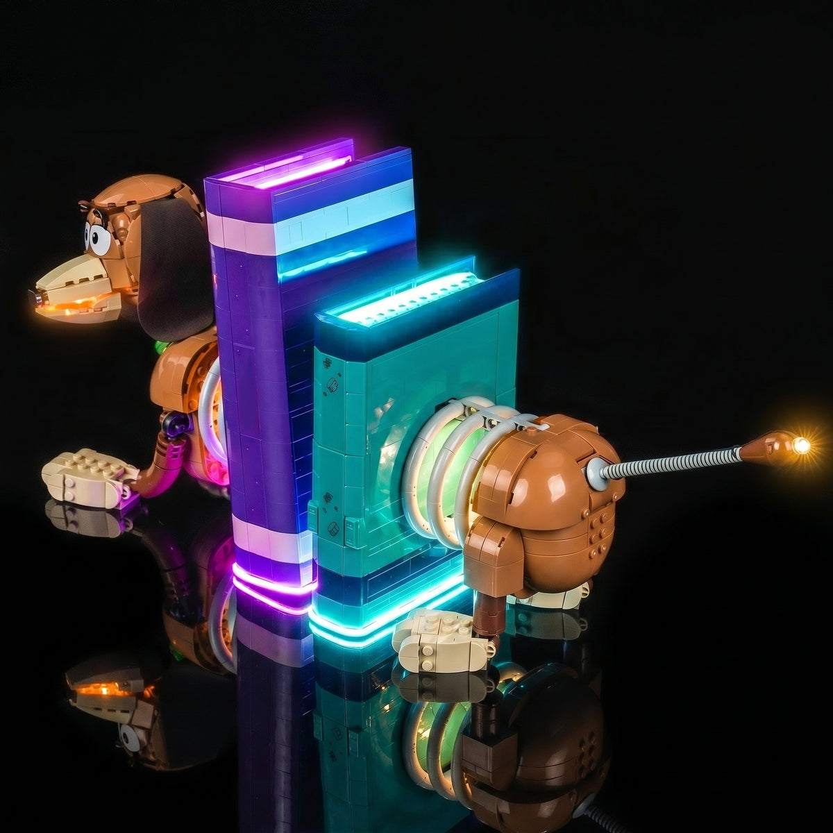 LED lighting kit for LEGO® Disney Toy Story Slinky Dog Bookends #43301, front view fully lit