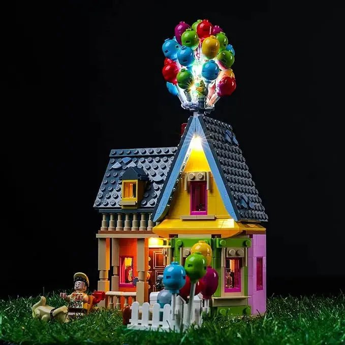 LEGO® Disney 'Up' House #43217 side angle with lights on, with the light kit
