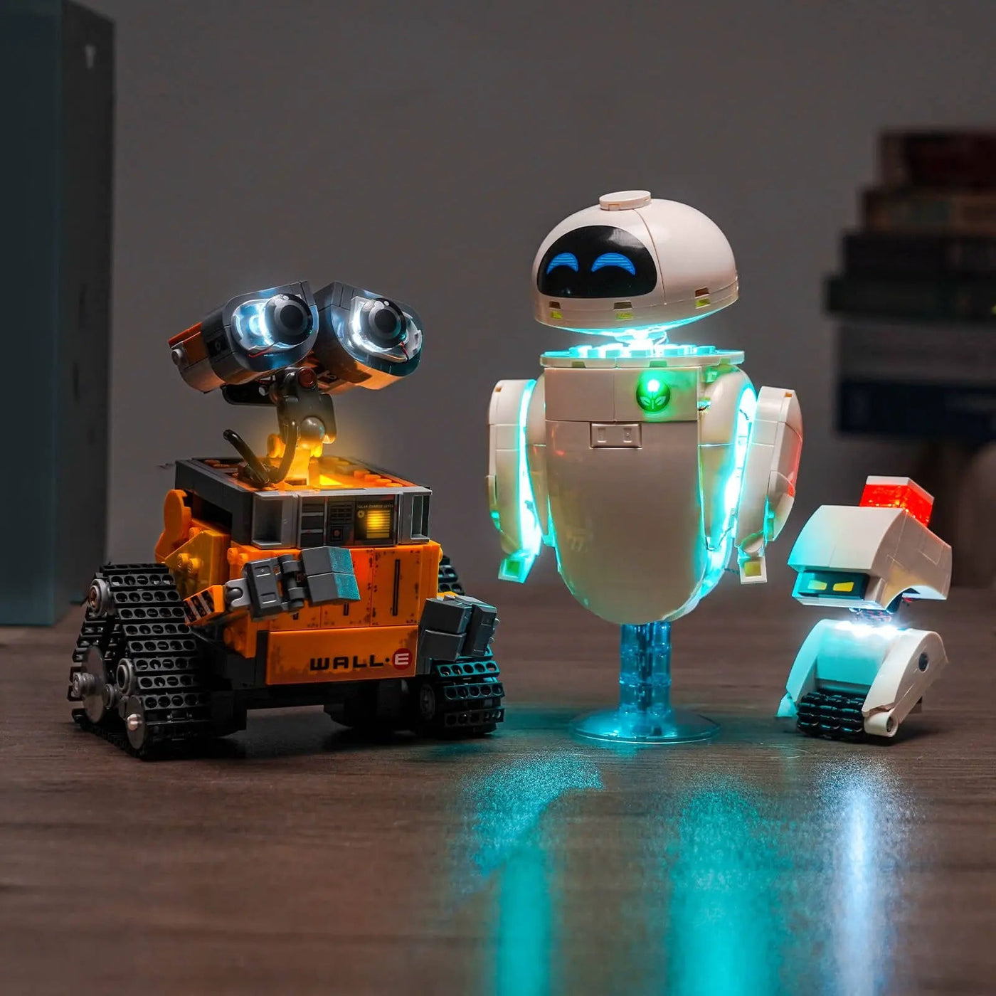 Bright My Bricks RGB LED light kit for LEGO® Disney WALL-E and EVE #43279 — fully illuminated on display