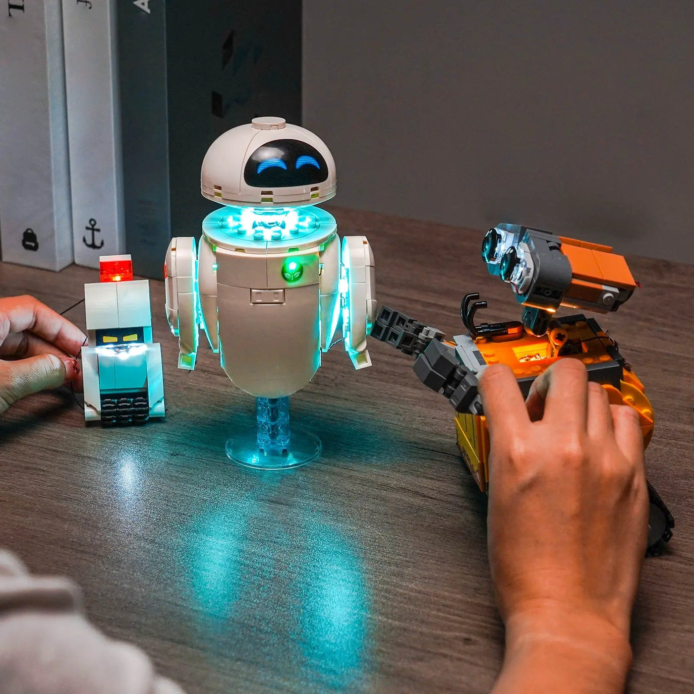 LEGO® Disney WALL-E and EVE #43279 LED kit powered on, with the display light kit