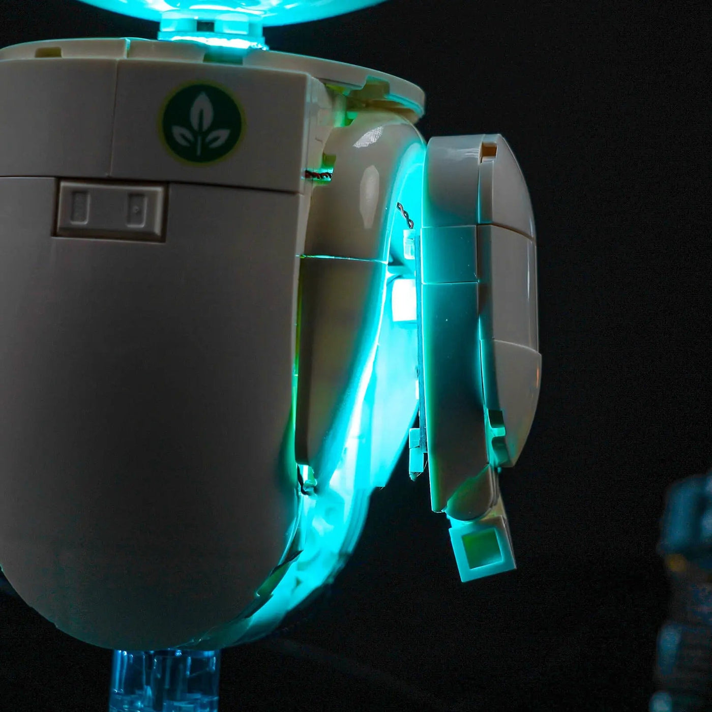 LEGO® Disney WALL-E and EVE #43279 installed and glowing, with the USB-powered LED light kit