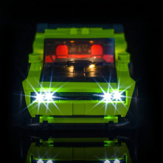 lighting effect on the build: Bright My Bricks custom LED lighting for LEGO® Dodge Challenger SRT Hellcat Sports Car #77237