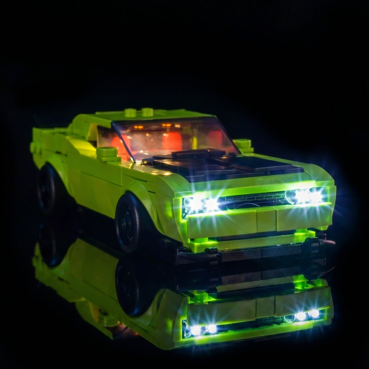 LEGO® Dodge Challenger SRT Hellcat Sports Car #77237 fully illuminated on display, with the LED lighting kit