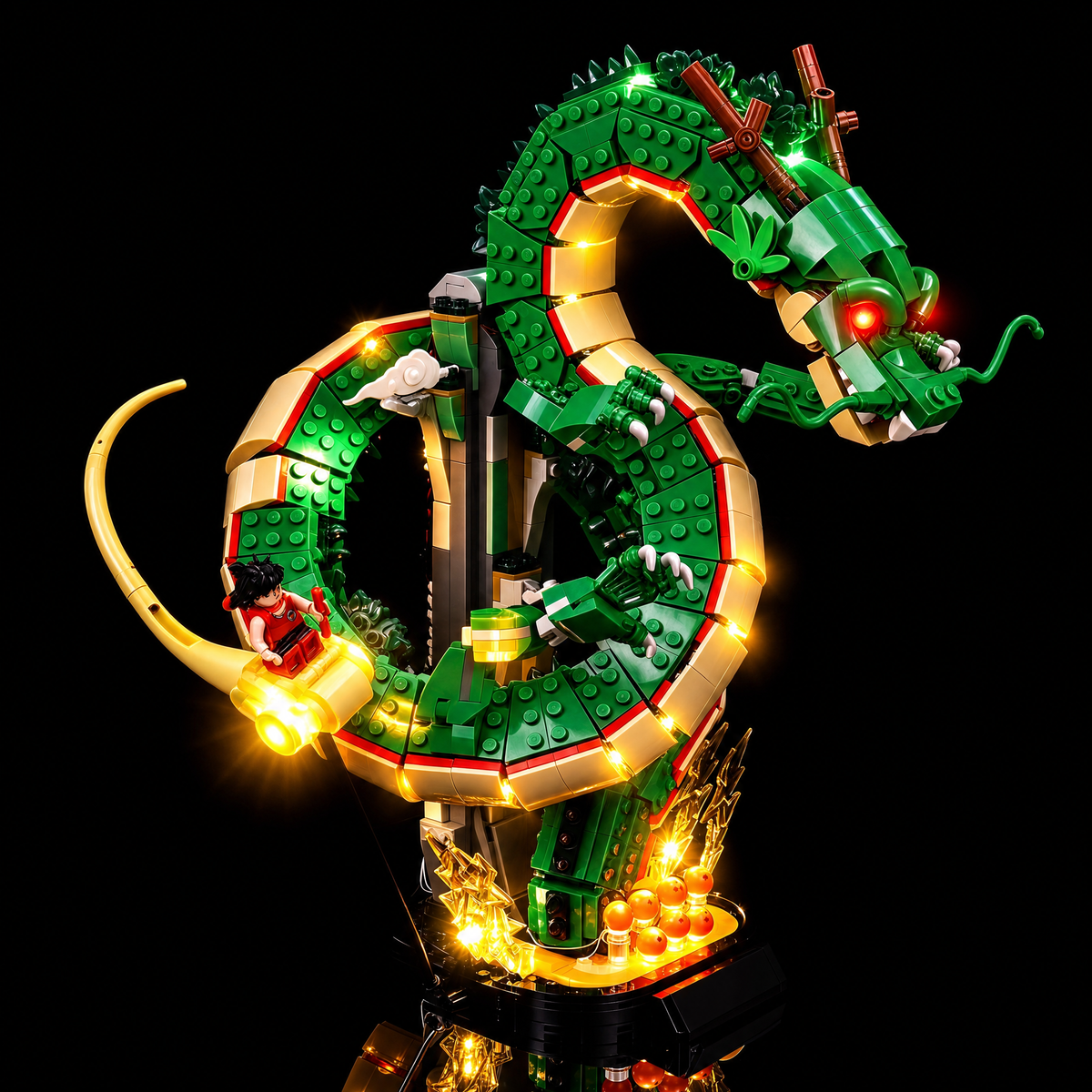 Angled view of Shenron’s face above his warm-lit curled body — LEGO® Dragon Ball: Shenron & Goku #11390, LED light kit