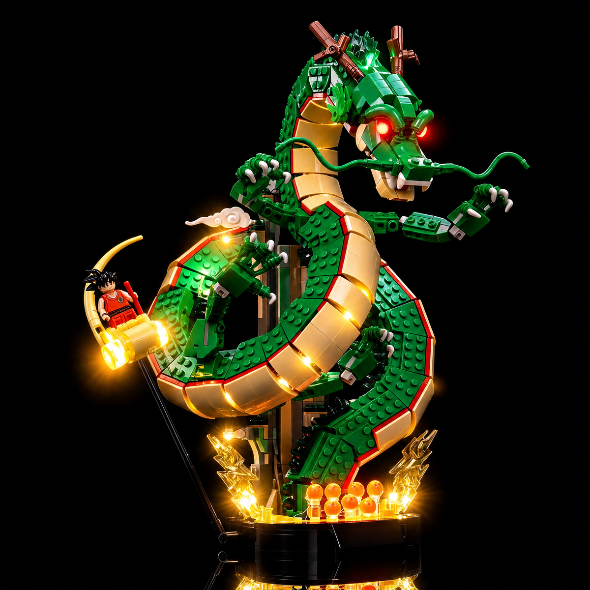 Opposite three-quarter view with Shenron’s red eye and Goku’s glowing cloud — LEGO® Dragon Ball: Shenron & Goku #11390, LED light kit