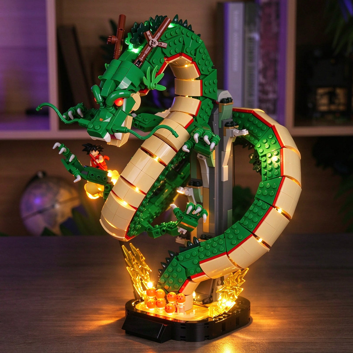 Opposite shelf angle showing the dragon’s curled body and golden base — LEGO® Dragon Ball: Shenron & Goku #11390, LED light kit