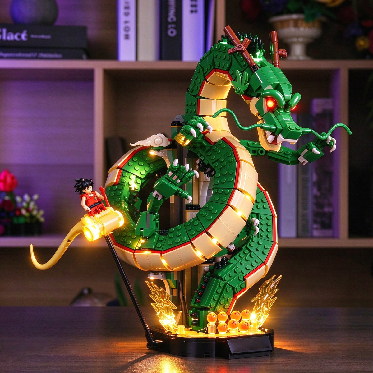 Three-quarter shelf display with Shenron’s lit belly, Goku’s cloud and Dragon Balls — LEGO® Dragon Ball: Shenron & Goku #11390, LED light kit