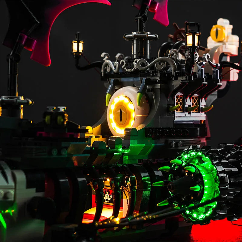LEGO® DREAMZzz Nightmare Shark Ship #71469 front view fully lit, with the DIY LED light kit