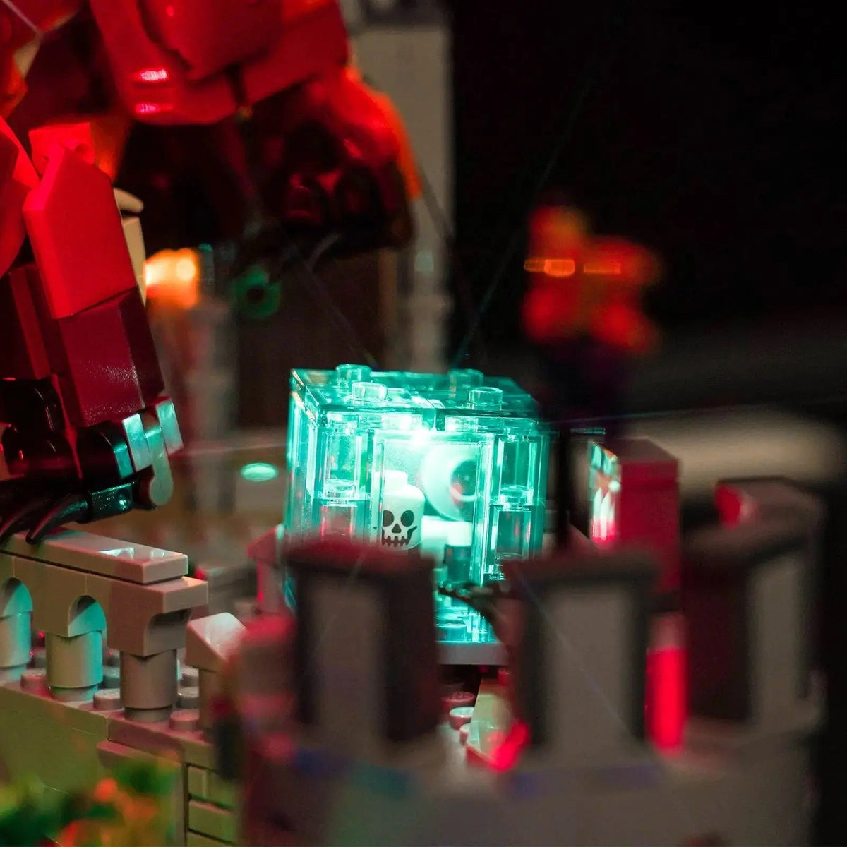 side angle with lights on: Bright My Bricks LED light kit for LEGO® Dungeons & Dragons: Red Dragon's Tale #21348