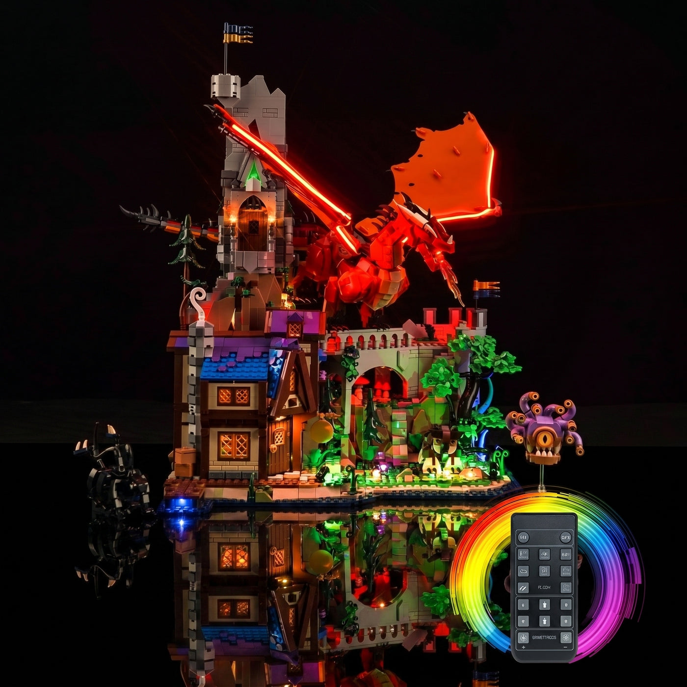 front view fully lit: Bright My Bricks USB-powered LED light kit for LEGO® Dungeons & Dragons: Red Dragon's Tale #21348