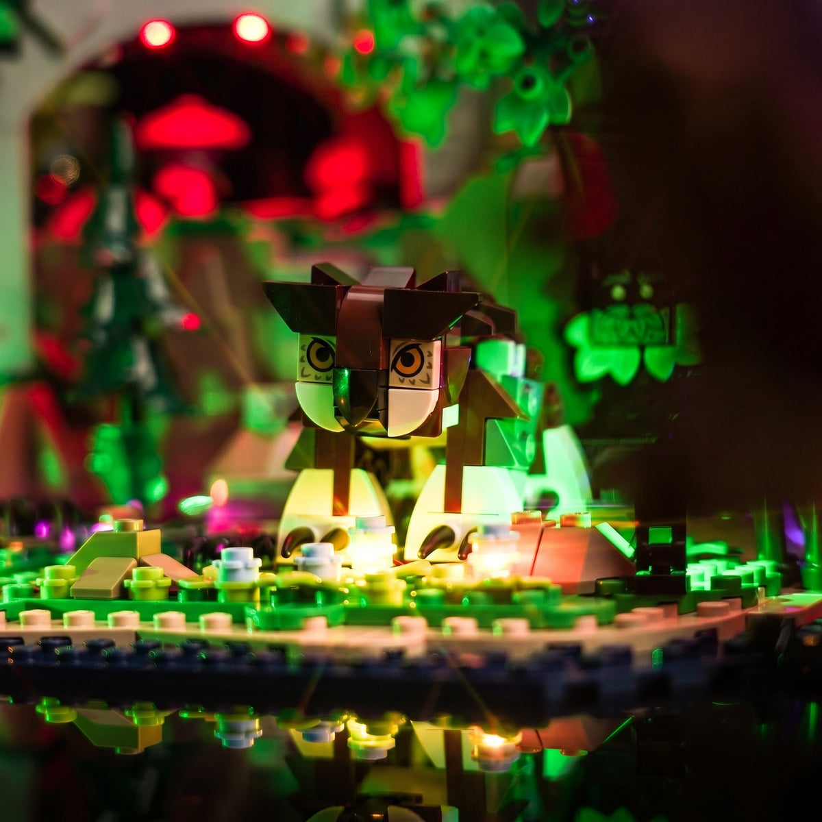 DIY LED light kit for LEGO® Dungeons & Dragons: Red Dragon's Tale #21348, front view fully lit